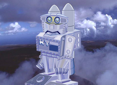 the robot kingpin tin standing on a mountain